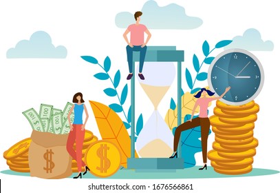 Investment, cost control,cash profit. Businessmen engaged in the investment and control the time. Symbol of the clock, coins and hourglass.Flat vector illustration.
