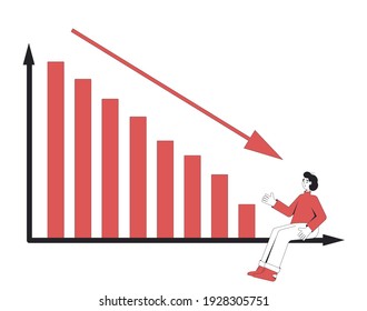 Investment Crisis Concept. Retail Trader Sitting And Looking At Share Price Going Down Graph. Young Man With Stock Market Fall Chart. Vector Color Line Art Illustration.