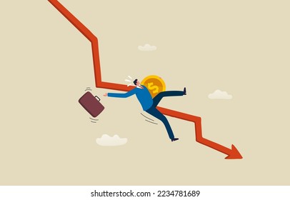 Crisis de inversión, pérdida de dinero. crisis del mercado de valores. Empresario con maletín y moneda en dólares cayendo en recesión. ilustración