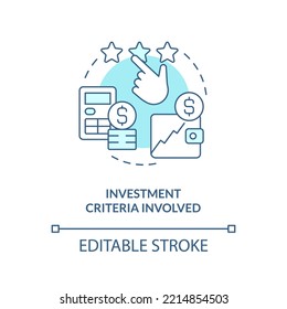 Investment criteria involved turquoise concept icon. Investment decisions abstract idea thin line illustration. Isolated outline drawing. Editable stroke. Arial, Myriad Pro-Bold fonts used