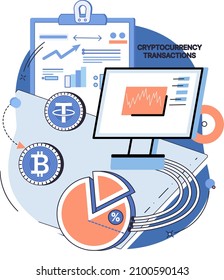Investment in cryptocurrency and blockchain concept. Program for work with digital investing. Analysis of statistical indicators of cryptocurrency rate. Financial strategy, internet money exchange