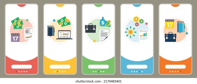 Investment, data, management, report, paperwork and computer icons. Web banners template with flat design icons in vector illustration.