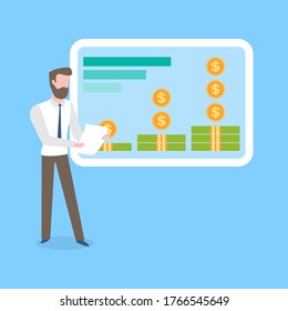 Investment data vector, man holding piece of paper giving presentation with information about money growth. Male wearing formal suit, person with report