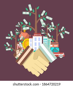 Investment deal handshake with money tree. Investing, coin bank savings, financial success vector illustration. Business, finance and wealth concept