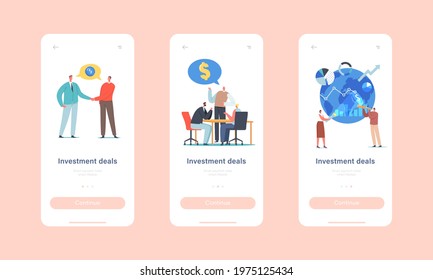 Investment Deals Mobile App Page Onboard Screen Template. Businesspeople Characters Partnership and Collaboration for Money Projects, Global Business Concept. Cartoon People Vector Illustration