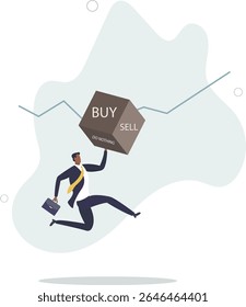 Investment decision in volatile stock market, risk assessment to hold and do nothing, sell or buy concept. character life .