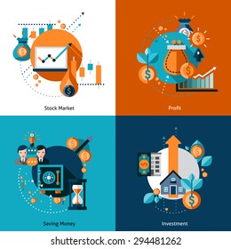 Investment design concept set with money saving and stock market profit flat icons isolated vector illustration