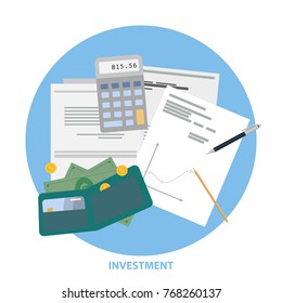 Investment desk top view with documents and money.