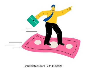 Investment direction concept. Business man riding flying money banknotes. Flat vector illustration isolated on white background
