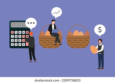 Diversificación de la inversión, Huevos en diferentes cestas 2d concepto de ilustración vectorial para banner, sitio web, ilustración, página de aterrizaje, volante, etc.