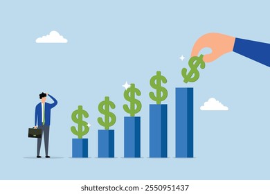 Crescimento de dividendos de investimento, o Empresário coloca um sinal de dólar em um gráfico exibindo o crescimento financeiro. 