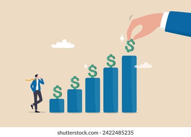 El crecimiento de los dividendos de inversión, el aumento de las ganancias y los ingresos, los ingresos pasivos de los rendimientos del mercado de valores, la tasa de interés de ahorro, el concepto de ganancia de capital, el empresario puso el signo del dólar en la tabla de crecimiento financiero.