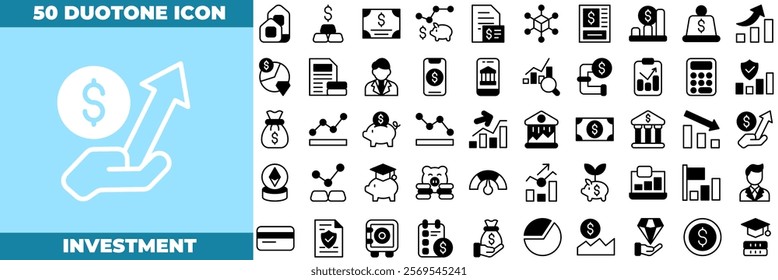 Investment Duotone Editable Icons set. Vector illustration in modern thin duotone style of investment icons: cash, saving, financial goal, profit, budget, mutual fund, earning, etc