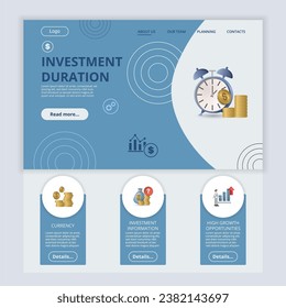 Investment duration flat landing page website template. Currency, investment information, high growth opportunities. Web banner with header, content and footer. Vector illustration.
