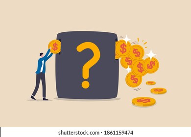 Investment earning profit, money saving, growth stock market with high capital gain return or dividend concept, businessman investor put coin into black box and got lot of return money golden coins.