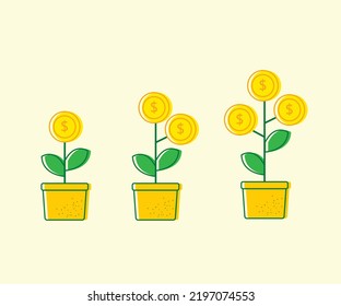 Investment earning profit. Saving money. Plant coin tree.Business and finance. Vector illustration