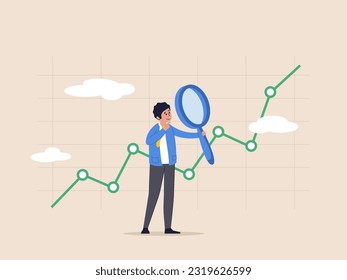 Investment and economic forecast concept. Stock market data analysis, financial research professional, smart businessman analyst using magnifying glass look in details on market data rising graph.