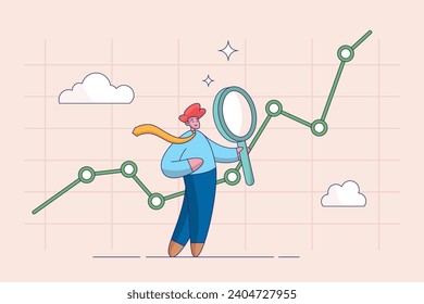 Investment and economic forecast concept. Stock market data analysis, financial research professional, smart businessman analyst using magnifying glass look in details on market data rising graph.