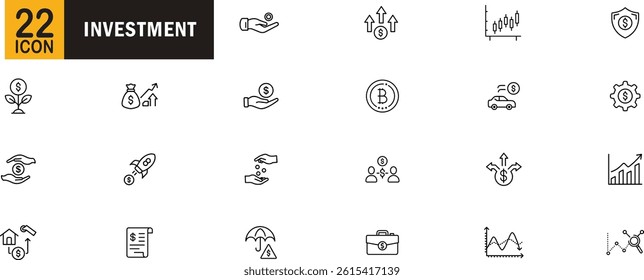 Investment editable outline icon set. Finance, money, stock market, financial growth, profit, savings, cryptocurrency, business strategy, economic planning and more.