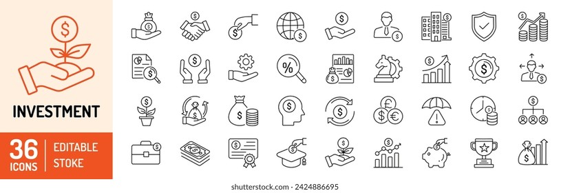 Investment editable stroke outline icons set. Investor, mutual fund, portfolio, performance, economy, risk management, bond, reliability, money and cash flow. Vector illustration