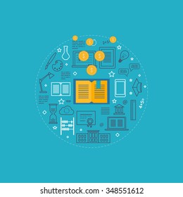  Investment in education. Investment business. Investment management. Education concept. Flat design modern vector illustration icons set of distance education, e-learning, courses and training.