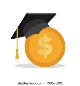 investment in education concept. Conception of education fee, education expenses, school tuition cost, graduation cap with coin. vector illustration in flat style
