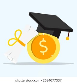 Investment in education concept. Graduate's cap, money coin and certificate diploma or bachelor degree. Concept of saving money for scholarship.