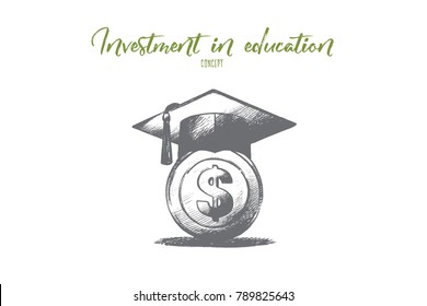 Investment In Education Concept. Hand Drawn Graduation Hat With On Money. Saving For Higher Education Isolated Vector Illustration.