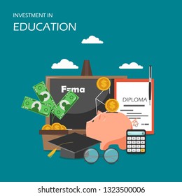 Investment in education concept vector flat illustration. Diploma, piggy bank, academic graduation cap, calculator, money tree. Money savings for study, expenses, returns to investments poster, banner