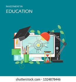 Investment in education concept vector flat illustration. Computer, academic graduation cap, hourglass, desk lamp, stationery. Investing in employee education, growth and development poster, banner.