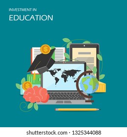 Investment in education concept vector flat illustration. Laptop ebook globe academic graduation cap, human brain, dollar coins. Business investing in human capital development poster, banner.