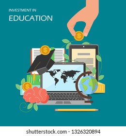 Investment in education concept vector flat illustration. Laptop, globe, academic graduation cap, human brain, hand holding dollar coin. Business investing in human capital development poster, banner.
