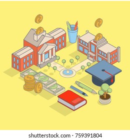 Investment in education concept vector flat isometric illustration with school building, gold coins and paper money with dollar sign, books, school supplies and graduate cap.
