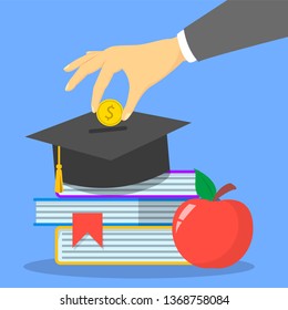 Investment in education concept web banner. University graduation cap. Financial savings for study. Golden dollar coin falling. Scholarship and capital.
