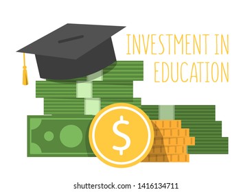 Investment in education concept web banner. University graduation cap on vector isolated illustration. Financial savings for study. Golden dollar coin falling. Scholarship and capital.