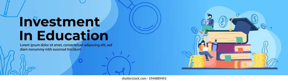 Investment in education concept Web Banner Design. students study on stack of books and stack of coins. saving money for education, scholarship, student loan. header or footer banner illustration