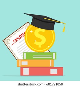 Investment in education. A gold coin with books and a graduate cap. Flat design, vector illustration, vector.