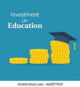 Investment in education. Graduate's cap on stack golden coin. Vector illustration flat design. Concept of saving money for scholarship. Isolated on background.