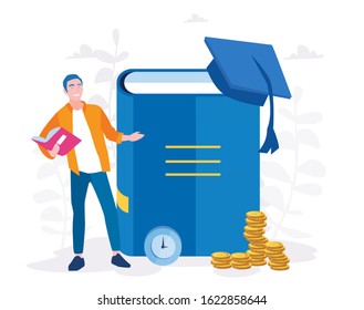 Investment in education. graduating student Scholarship. Book, graduation hat, clock and stack of coins. Vector illustration for web banner, infographics, mobile. Education in Global world