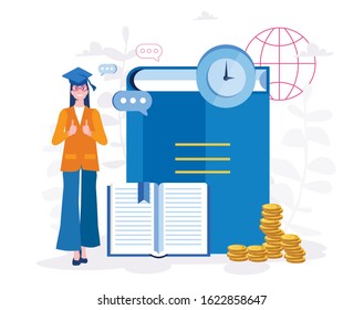 Investment in education. graduating student Scholarship. Book, graduation hat, clock and stack of coins. Vector illustration for web banner, infographics, mobile. Education in Global world