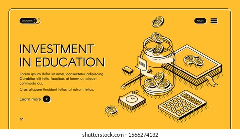 Página de inicio de la inversión en educación isométrica. Beca, crédito universitario. Monedas en dólares cayendo a un frasco de vidrio con libros y artículos fijos alrededor de banner web de arte en línea de ilustración 3d vectorial