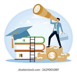 Investment in education. A professional navigating success through education, represented by books, coins, and a telescope.