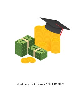 Investment in education. Scholarship. Books. Graduate's cap on stack golden coin. Vector stock illustration.