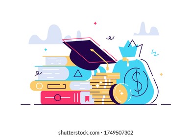 Investment In Education. Scholarship. Books, Graduation Hat And Stack Of Coins. Education In Global World, Graduation Cap On Books Stack. Concept Of Global Business Study, Abroad Educational.