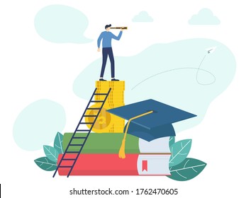 Investment in education. Scholarship. Books, graduation hat and stack of coins. Education in Global world, Graduation cap on books stack. Concept of global business study, abroad educational.