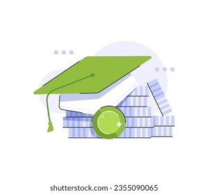 Investment in education. Scholarship. Books, graduation hat and stack of coins. Education in Global world