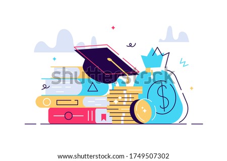 Investment in education. Scholarship. Books, graduation hat and stack of coins. Education in Global world, Graduation cap on books stack. Concept of global business study, abroad educational.