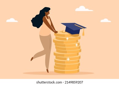 Investment in education, scholarship. Happy woman, money and graduation cap. Vector illustration