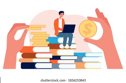 Investment in education. Student with laptop sit on stack of books. Hands holding coins vector illustration