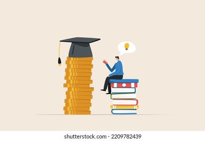 investment in education. Student loan concept. Stack of coins with graduation cap. A man sits and reads a book on a stack of books.